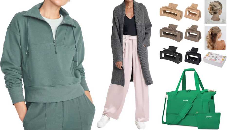 Old Navy Dynamic Fleece ½- Zip Sweatshirt for Women in Jade Shadow; A New Day Women’s Layering Cardigan in Gray; Cobinaan Claw Hair Clips for Women in 6-Piece Assortment; Etronik Gym Bag for Women Medium in N-Pure Green