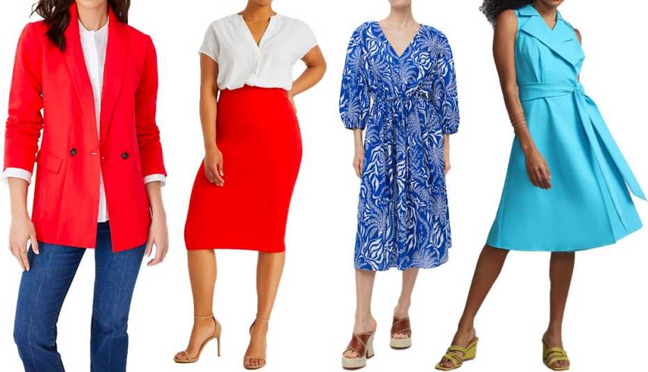 Ann Taylor The Relaxed Double Breasted Long Blazer in Linen Blend Wild Tomato; Eloquii Neoprene Pencil Skirt in Lollipop; H&M Balloon Sleeved Cotton Dress in Bright Blue/Patterned; New York & Company Notch-Collar Belted Flare Dress-Fit to Flatter in Araucana Blue