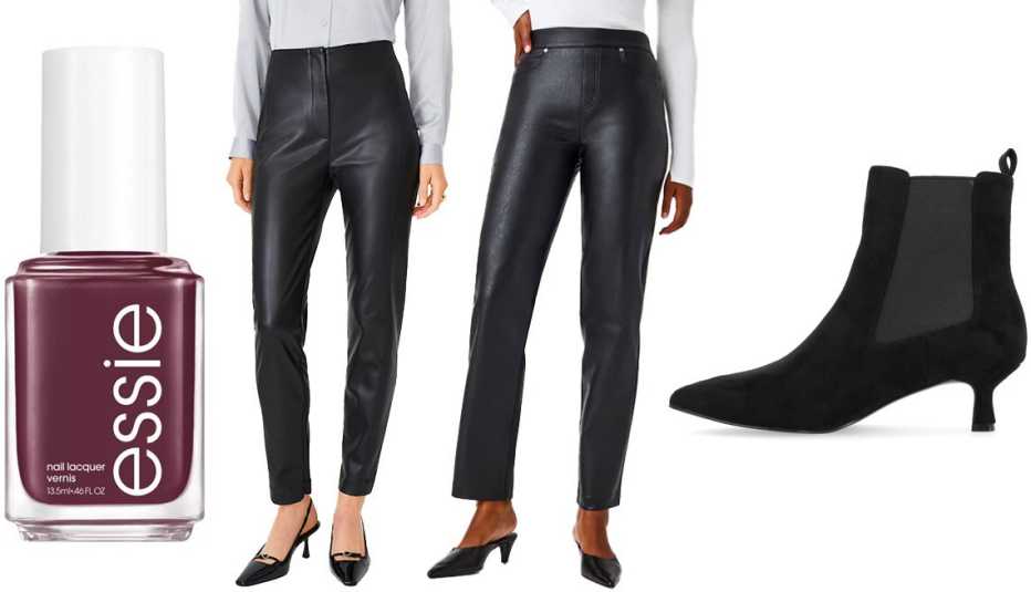 Essie Fall Collection Nail Lacquer in Lights Down Music Up; Ann Taylor The Audrey Pant in Faux Leather in Black; Spanx Leather-Like Slim Straight Pants in Luxe Black; Journee Collection Tenlee Chelsea Boot in Black