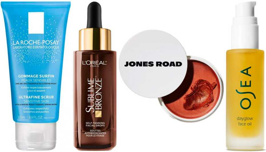 La Roche-Posay Ultra-Fine Face Wash Scrub for Sensitive Skin; L’Oréal Paris Sublime Bronze Self-Tanning Facial Drops Fragrance-Free; Jones Road Beauty Miracle Balm in Bronze; Osea Dayglow Face Oil