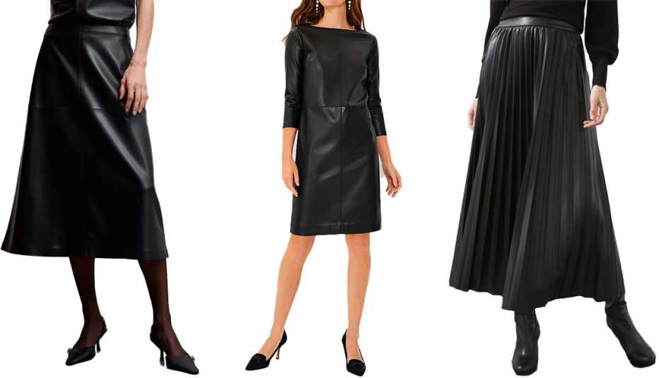 Mango Faux-Leather Skirt in Black; Ann Taylor Seamed Faux Leather Shift Dress in Black; Chico’s Faux Leather Midi Skirt in Black