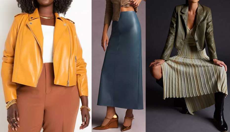 Eloquii Faux Leather Moto Jacket in Brown Sugar; Mare Mare x Anthropologie Faux Leather Column Skirt in Slate; Avec Les Filles Cropped Faux Leather Jacket in Moss