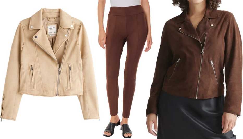 Abercrombie & Fitch Vegan Suede Moto Jacket in Light Brown; Jones New York Seam Detail Faux Suede Leggings in Cola; Quince 100% Suede Biker Jacket in Brown
