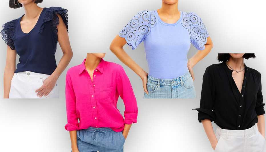 Chico’s Ribbed Eyelet Flutter Sleeve Tee in Classic Navy; J. Crew Factory Gauze Button-Up Shirt in Sweet Briar; Loft Eyelet Flutter Sleeve Tee in Deep Periwinkle; Gap Crinkle Gauze Shirt in Black
