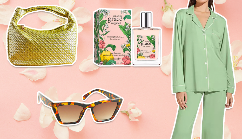 Melie Bianco Brigitte Large Satchel in Lime, Philosophy Amazing Grace Bergamot Spray, Eberjay Gisele PJ Set in Pistachio/Ivory, & Other Stories Angular Cat Eye Sunglasses in Brown