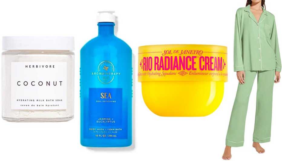 Herbivore Botanicals Coconut Milk Bath Soak; Bath & Body Works Jasmine Eucalyptus Sea Body Wash and Foam Bath; Sol de Janeiro Rio Radiance Illuminating Body Cream; Eberjay Gisele PJ Set in Pistachio/Ivory