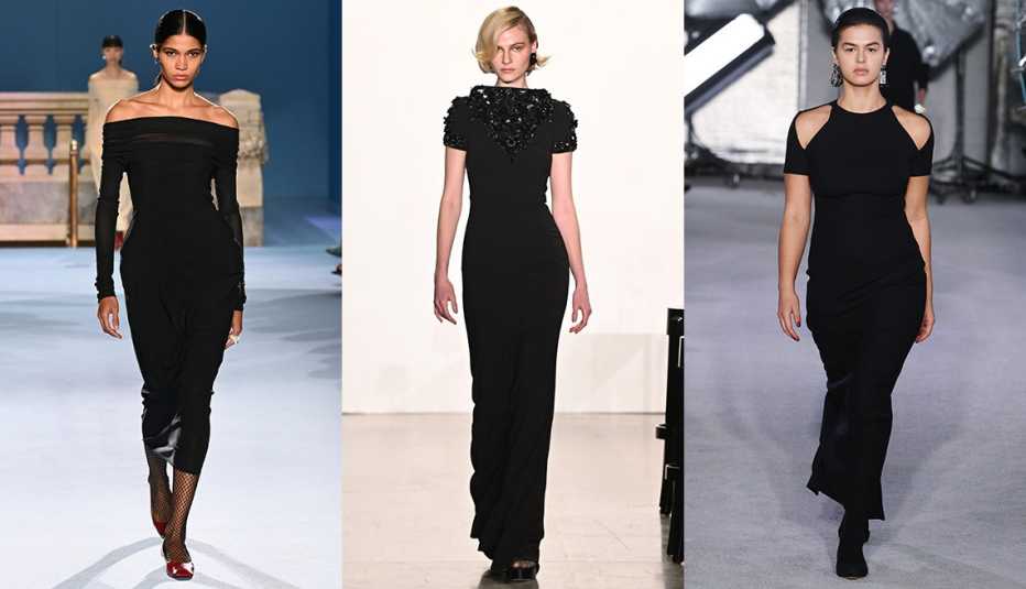 A model walks the runway wearing a shoulder-less long black Tory Burch dress during Fall/Winter 2023 New York Fashion Week; a model wearing a long black dress at the Badgley Mischka show during New York Fashion Week: The Shows; a model walking the runway in a long black dress at the Brandon Maxwell Fall 2023 Ready To Wear Fashion Show