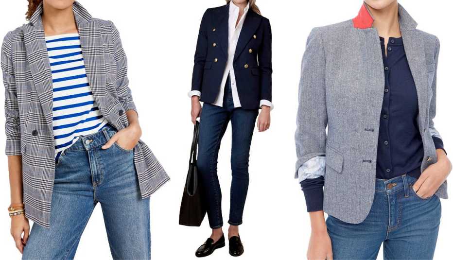 Talbots Houndstooth Blazer in Ivory Multi; Banana Republic Icon Blazer in Preppy Navy; J. Crew Factory Herringbone Wool-Blend Schoolboy Blazer in Antique Navy/Ivory