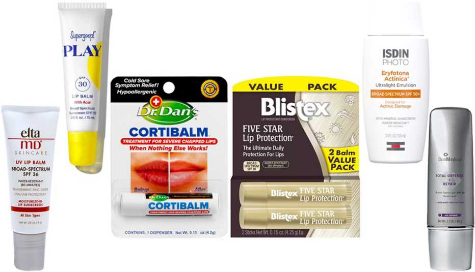 EltaMD UV Lip Balm Broad-Spectrum SPF 36; Supergoop! Play Lip Balm SPF 30 with Acai; Dr. Dan’s Cortibalm Lip Balm; Blistex Five Star SPF 30 Water Resistant Lip Balm; ISDIN Eryfotona Actinica; SkinMedica Total Defense + Repair Broad Spectrum SPF 34