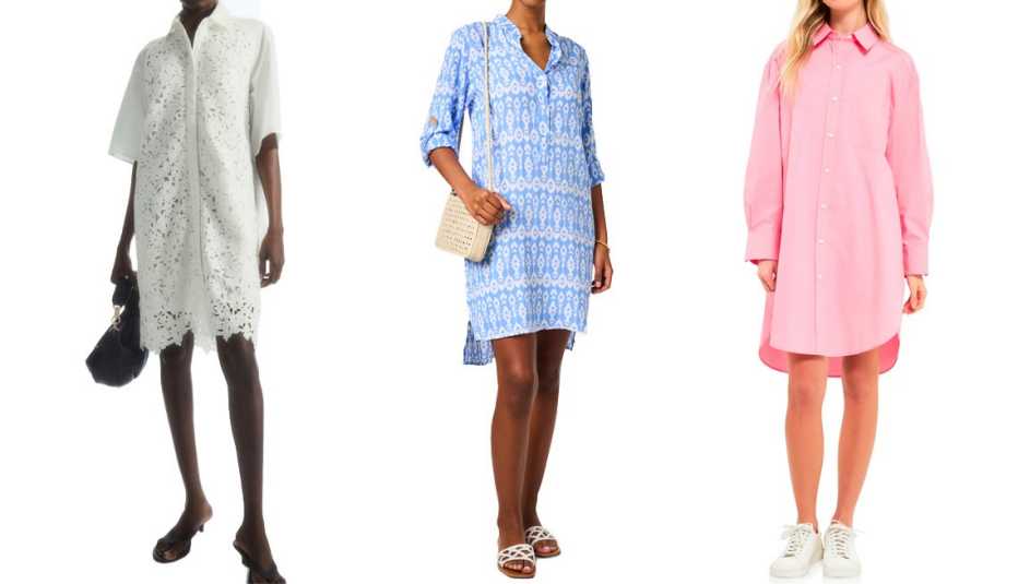 COS Eyelet Shirt Dress in White; Walker & Wade Periwinkle Ikat Print Dress; English Factory Classic Collar Shirtdress in Pink