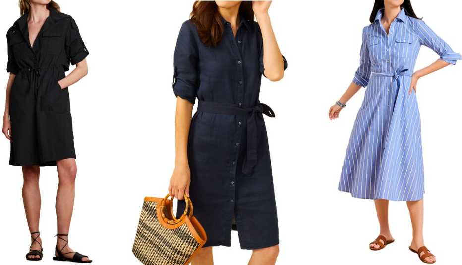 Banana Republic Factory Trench-Back Shirtdress; J.McLaughlin Miranda Linen Shirtdress in Indigo; Talbots Poplin Fit & Flare Dress in Clover Stripe