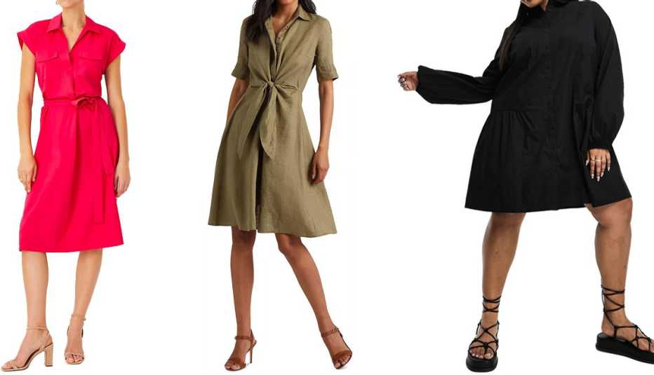 Ann Taylor Cap Sleeve Pocket Shirtdress in Jazzy Pink​; Lauren Ralph Lauren Tie Front Shirt Dress in Olive Fern; Asos Design Curve Smock Button-Through Gathered Detail Mini Shirt Dress in Black