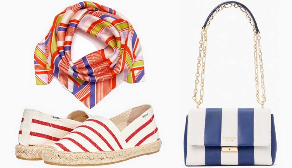 Echo Vintage Stripe 26" Silk Square in Cherry Red; Kate Spade Carlyle Striped Medium Shoulder Bag; Soludo Women’s Dali Espadrilles in Red Stripe