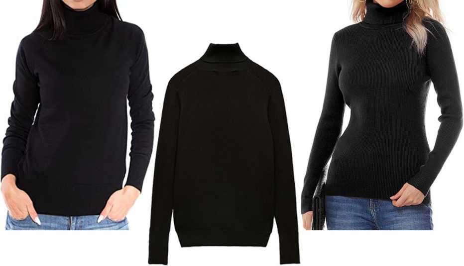 Knittons Women’s Soft Merino Wool Turtleneck in Black; Zara Women Basic Turtleneck Knit Sweater in Black; Nine Bull Women’s Stretch Turtleneck in Black