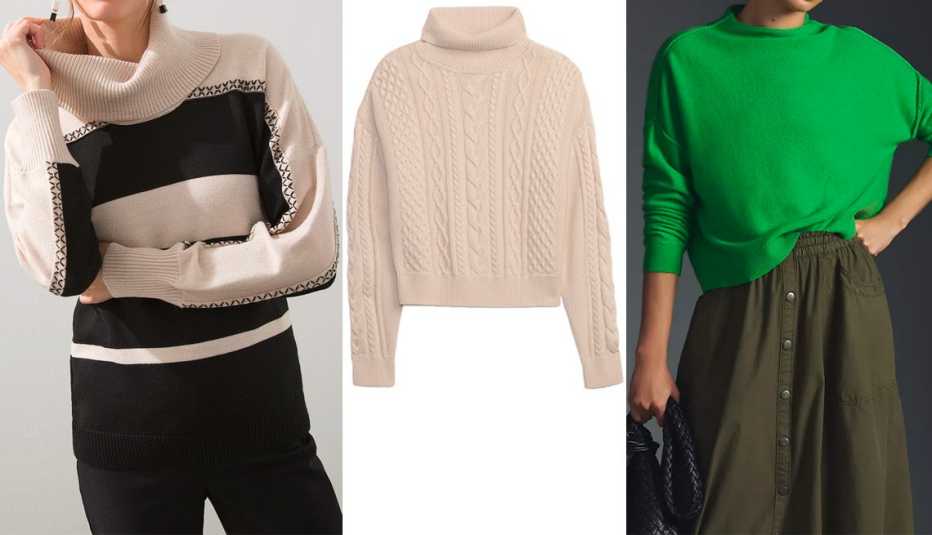 Chico’s Stripe Cowl Neck Sweater in Black; Gap Cable-Knit Turtleneck Sweater in Chino Beige; Pilcro The Alani Cashmere Mock-Neck Sweater in Lime