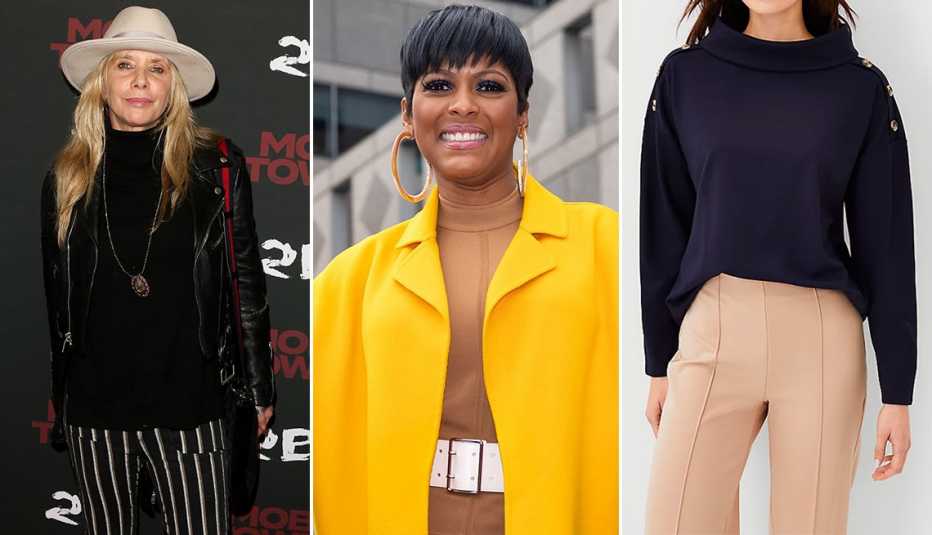 Rosanna Arquette; Tamron Hall; Ann Taylor Shoulder Button Mock Neck Sweater in Night Sky