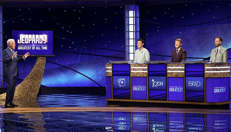 ALEX TREBEK, JAMES HOLZHAUER, KEN JENNINGS, BRAD RUTTER on the set of "JEOPARDY! The Greatest of All Time," premiering TUESDAY, JAN. 7 (8:00-9:00 p.m. EST), on ABC.