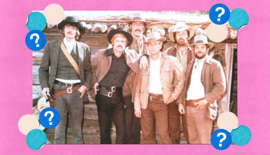 Timothy Scott, Robert Redford, Ted Cassidy, Paul Newman, Dave Dunlap and Charles Dierkop; surrounded by off-white, teal and blue circles with question marks in them
