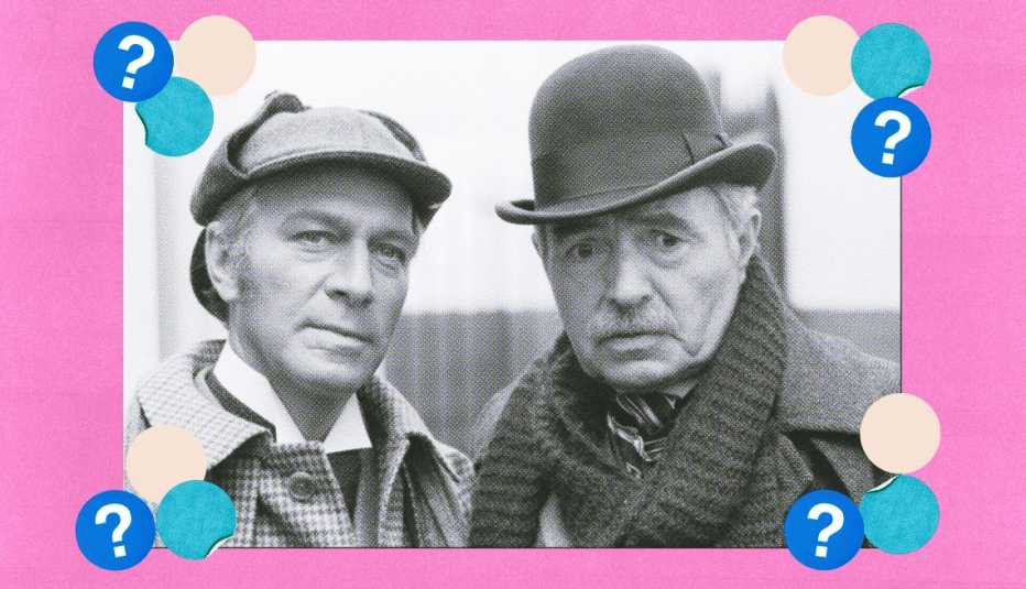 Christopher Plummer as Sherlock Holmes and James Mason as Dr. John Watson; surrounded by off-white, teal and blue circles with question marks in them