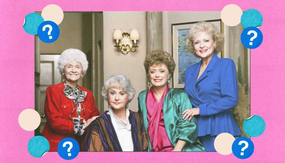 Estelle Getty as Sophia Petrillo, Bea Arthur as Dorothy Petrillo Zbornak, Rue McClanahan as Blanche Devereaux and Betty White as Rose Nylund; surrounded by off-white, teal and blue circles with question marks in them