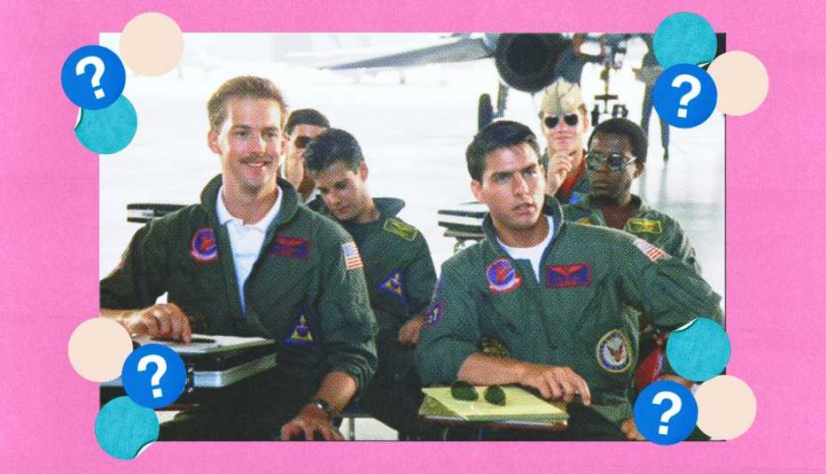 Anthony Edwards as Lt. Nick "Goose" Bradshaw and Tom Cruise as Lt. Pete "Maverick" Mitchell; surrounded by off-white, teal and blue circles with question marks in them