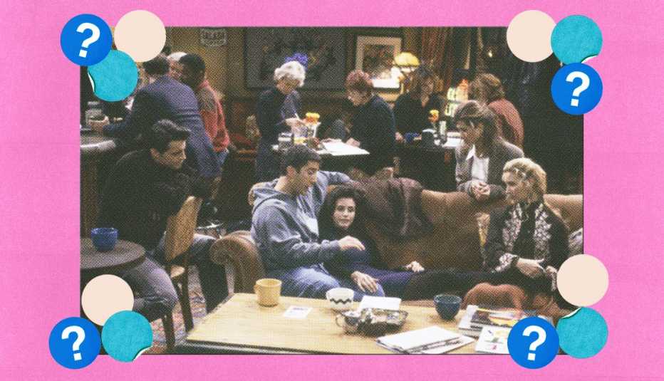 Matt LeBlanc as Joey Tribbiani, David Schwimmer as Ross Geller, Courteney Cox as Monica Geller, Jennifer Aniston as Rachel Green and Lisa Kudrow as Phoebe Buffay sitting on and around the orange couch; surrounded by off-white, teal and blue circles with question marks in them