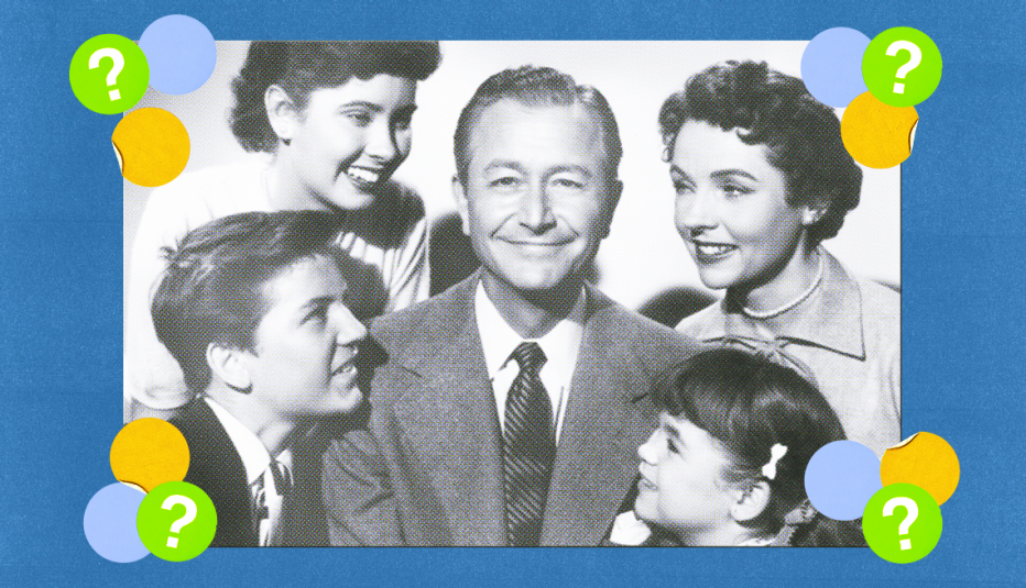 Cast of the television series, Father Knows Best; Billy Gray, Elinor Donahue, Robert Young, Jane Wyatt and Lauren Chapin surrounded by yellow, blue and green circles with question marks in them