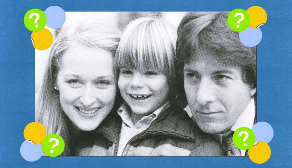 Actor Dustin Hoffman with actress Meryl Streep and young Justin Henry surrounded by yellow, blue and green circles with question marks in them