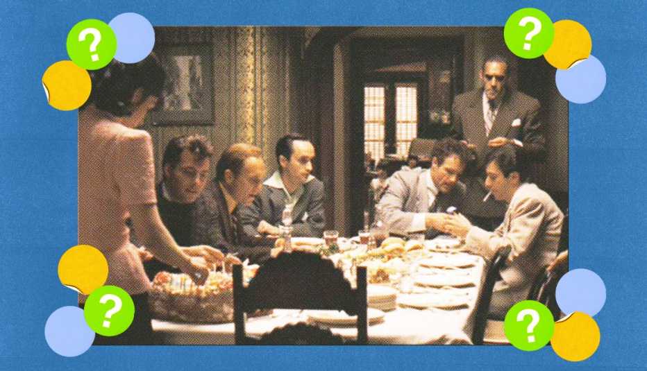 Talia Shire (back to camera) as Connie Corleone, Gianni Russo as Carlo Rizzi, Robert Duvall as Tom Hagen, John Cazale as Fredo Corleone, James Caan (seated at head of table) as Sonny Corleone, Abe Vigoda (standing) as Sal Tessio and Al Pacino as Michael Corleone surrounded by yellow, blue and green circles with question marks in them