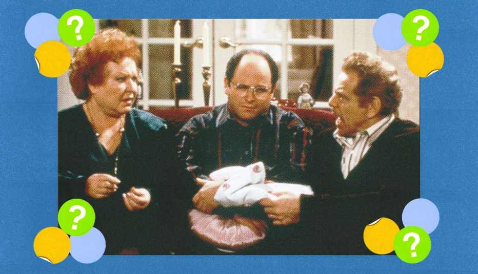Estelle Harris as Estelle Costanza, Jason Alexander as George Costanza and Jerry Stiller as Frank Costanza surrounded by yellow, blue and green circles with question marks in them