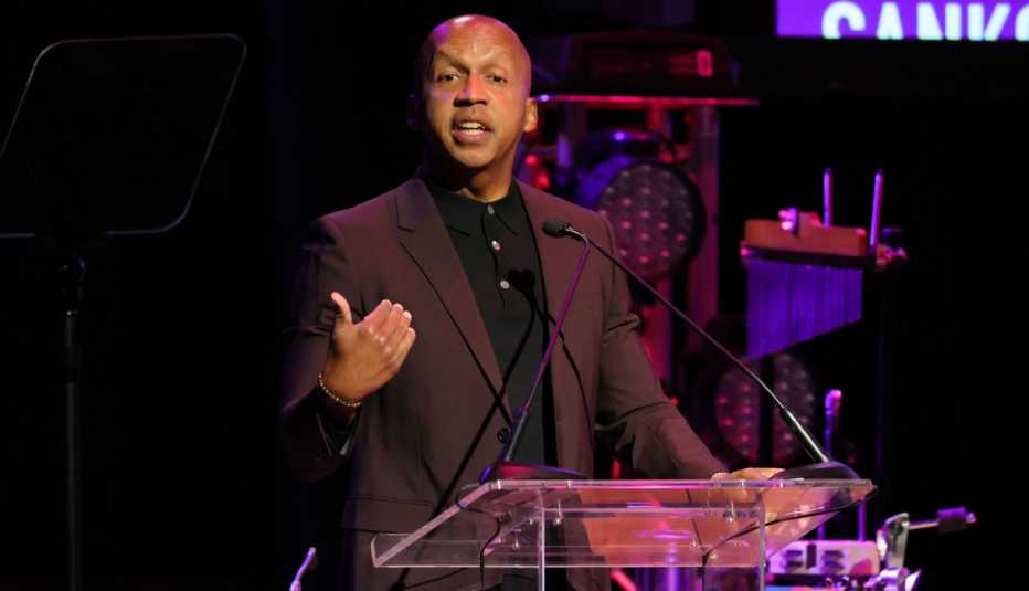 bryan stevenson speaking onstage during harry belafontes ninety fifth birthday with social justice benefit