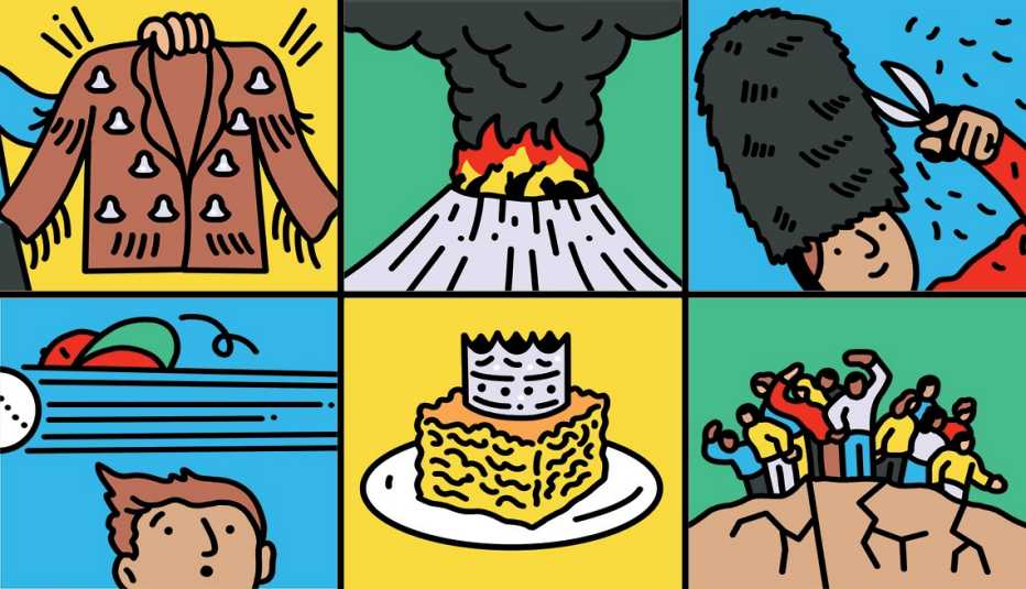 illustration of coat with tassles on it in top left; illustration of volcano in top center; illustration of person with fur hat trimming it with scissors in top right; illustration of man looking up at baseball flying over head in bottom left; illustration of noodles with crown on it in bottom center; illustration of people standing on cracked cliffs in bottom right