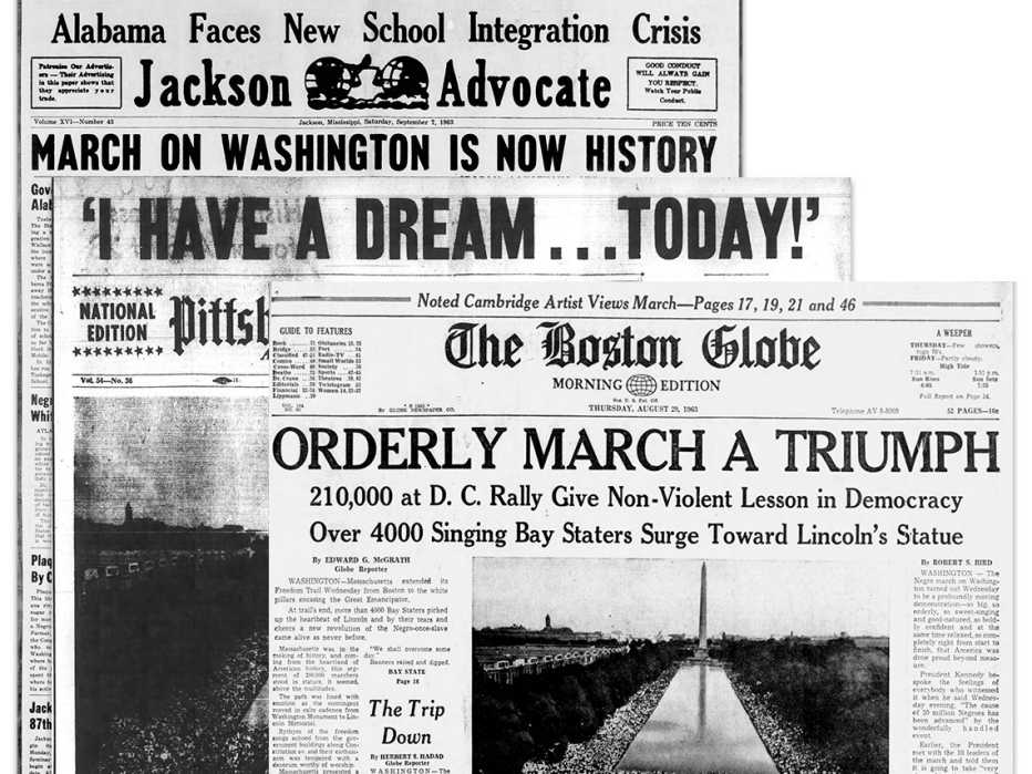 newspaper headlines from the jackson advocate the pittsburgh courier and the boston globe all showing the march on washington