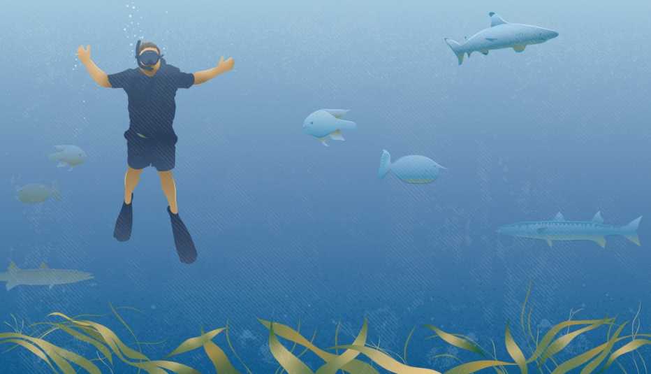 illustration of man underwater with snorkel on, swimming with fish