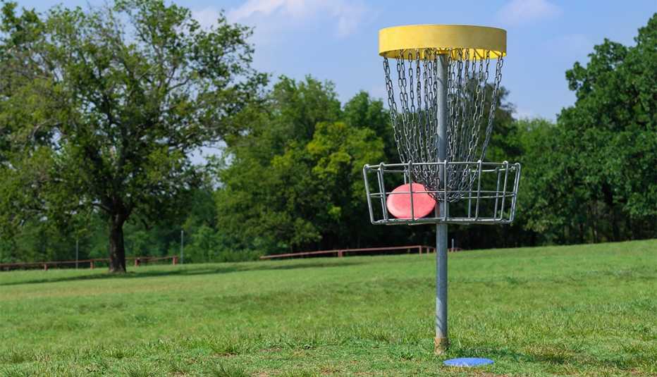 Disc golf hole basket in a park