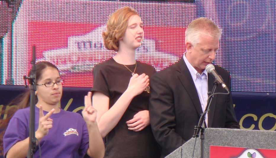 gordon with his daughter morgan hartman speaking at the parks opening in twenty ten