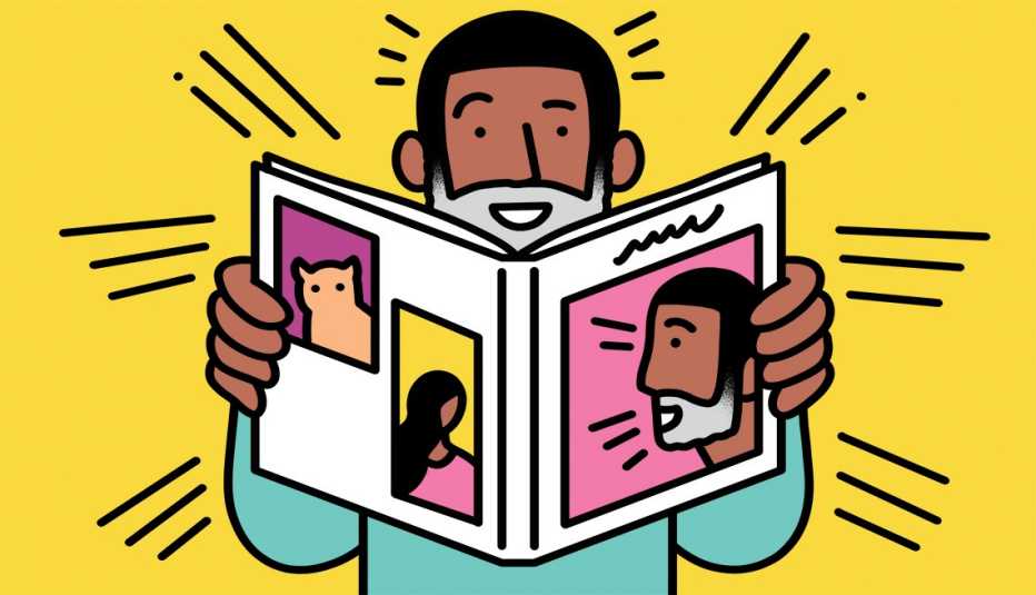 illustration of man holding an open book with pictures on it