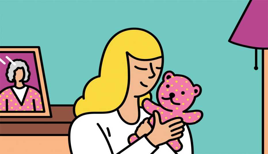 illustration of female holding stuffed teddy bear
