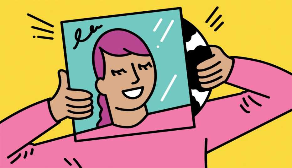 illustration of someone pulling record out of case in front of face