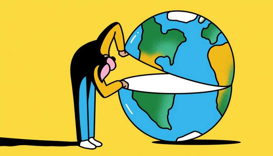 illustration of person next to giant globe, pulling it open at center