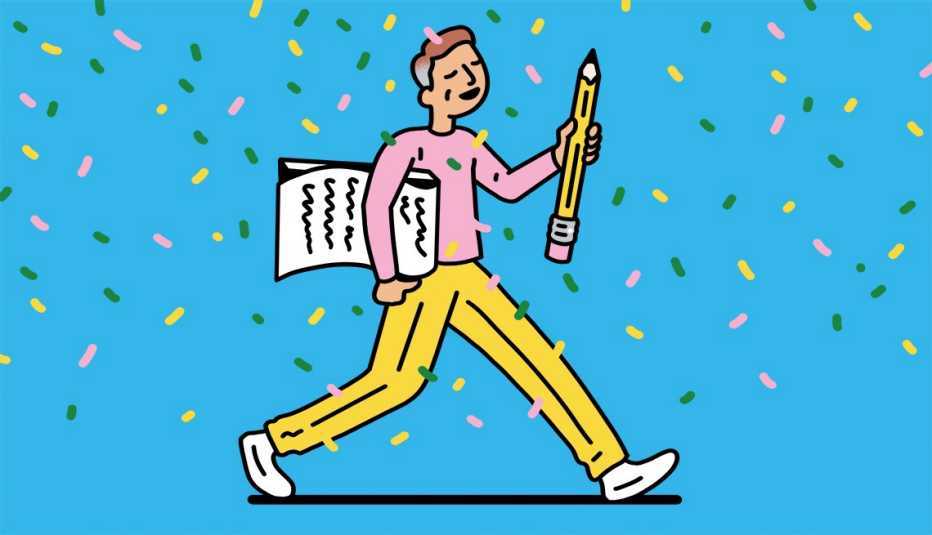 illustration of person walking holding notepad and pencil