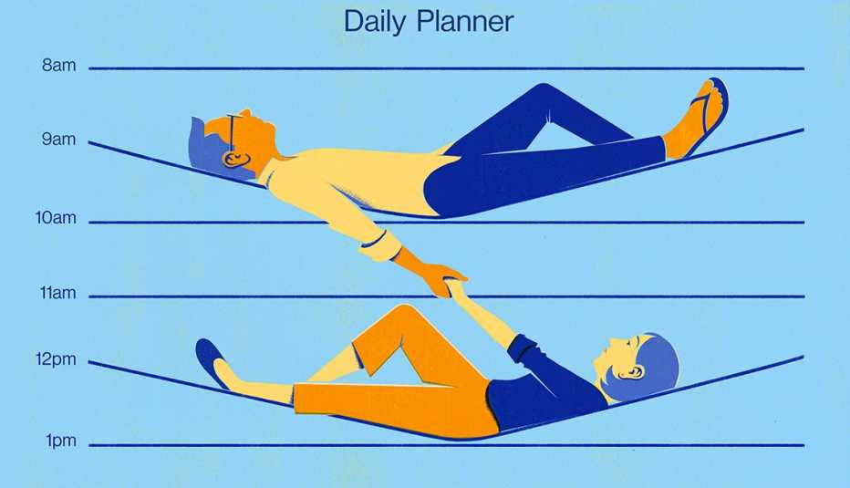 a daily planner with lines for each hour and a couple laying on those lines as if they were hammocks with nothing on the schedule