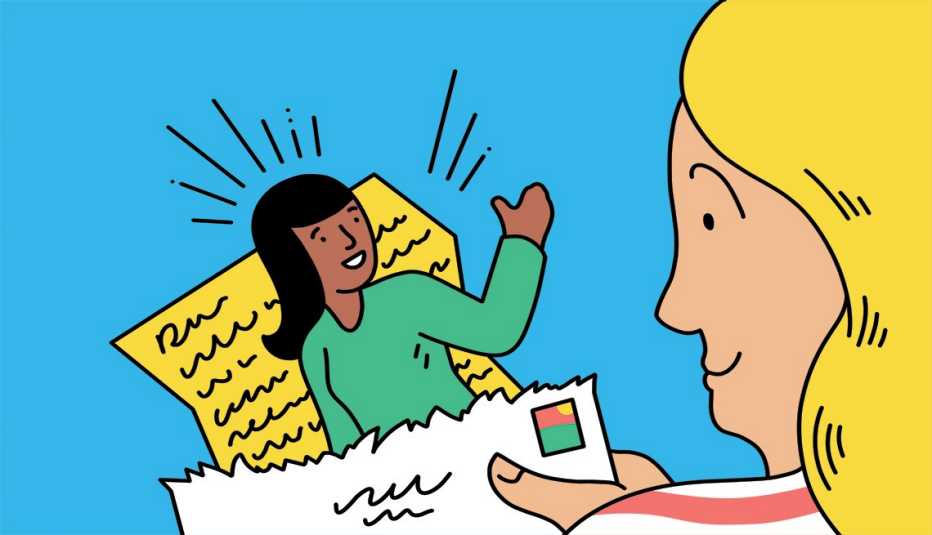 illustration of woman holding envelope with letter and woman waving popping out of it