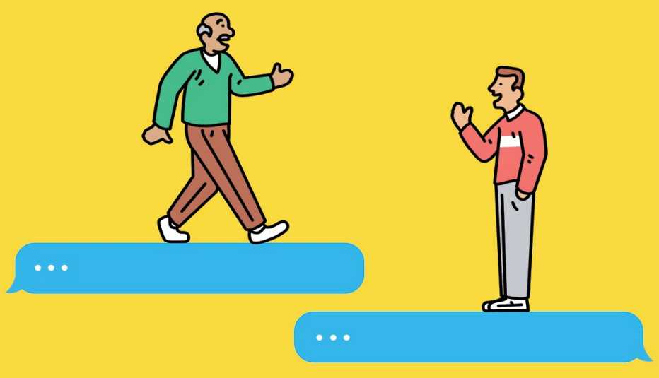 illustration of two men standing on different text message bubbles