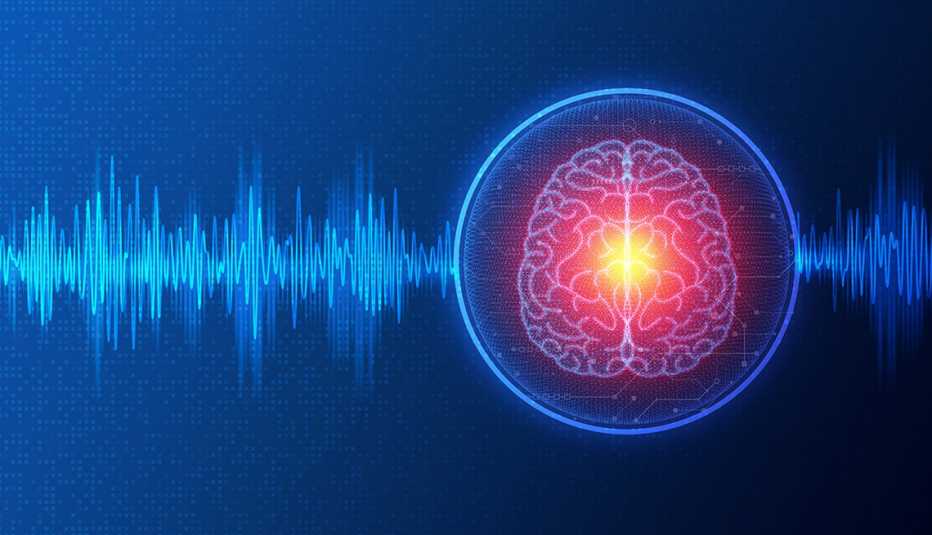 An illustration of a brain and neurostimulation on a blue background