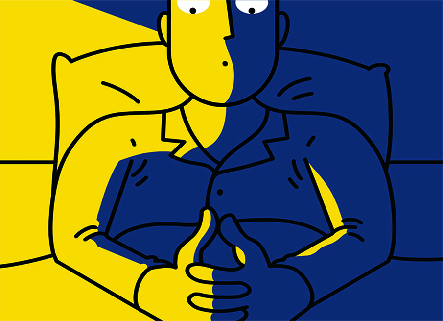An illustration of a man sitting up in bed with insomnia.