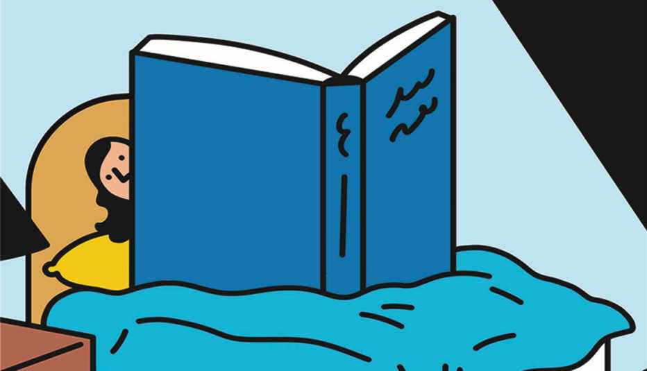 An illustration of a woman in bed reading a gigantic book.