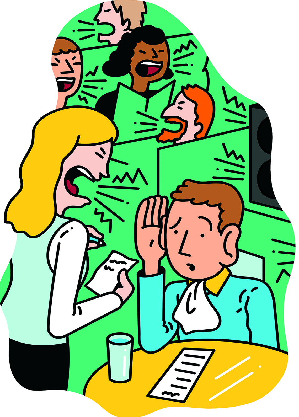Illustration of waitress taking an order in a loud restaurant, customer having trouble hearing her. 
