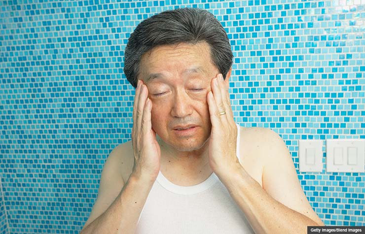 Asian man rubbing his temples in bathroom, Symptoms