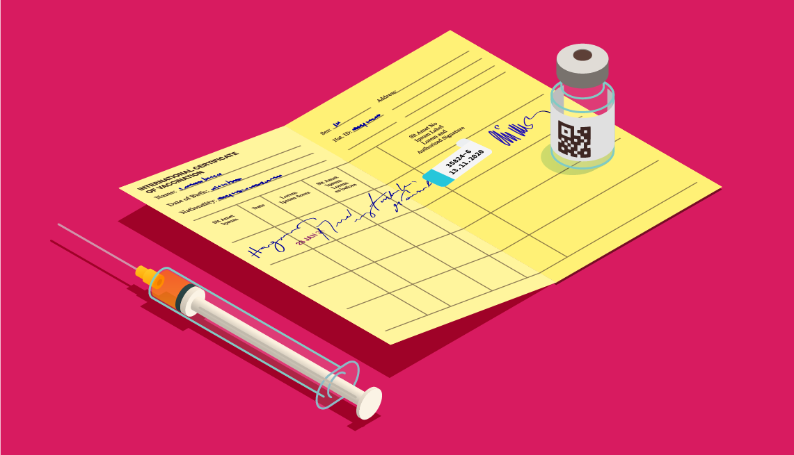 COVID-19 Vaccine card with vaccine vial and needle